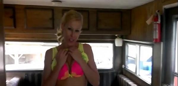  On vacation POV blonde gets facial in the RV